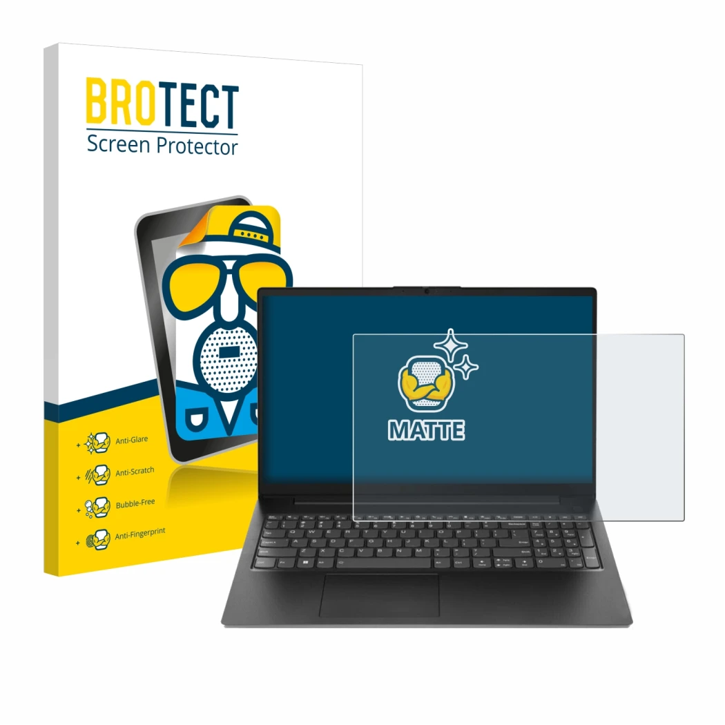 Parte frontale di una confezione del prodotto con il logo del marchio BROTECT. Accanto è raffigurato il dispositivo Lenovo V15