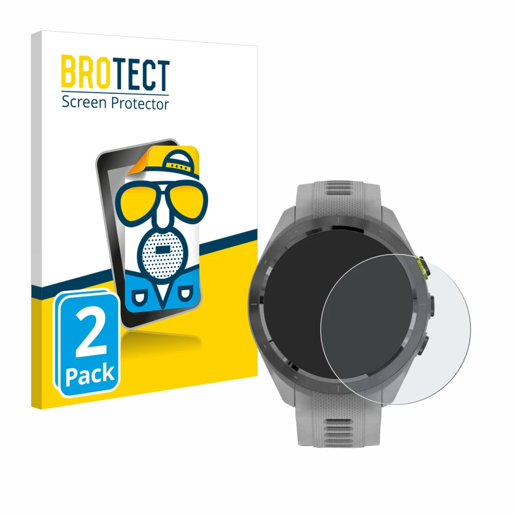 Parte frontale di una confezione del prodotto con il logo del marchio BROTECT. Accanto è raffigurato il dispositivo Garmin App