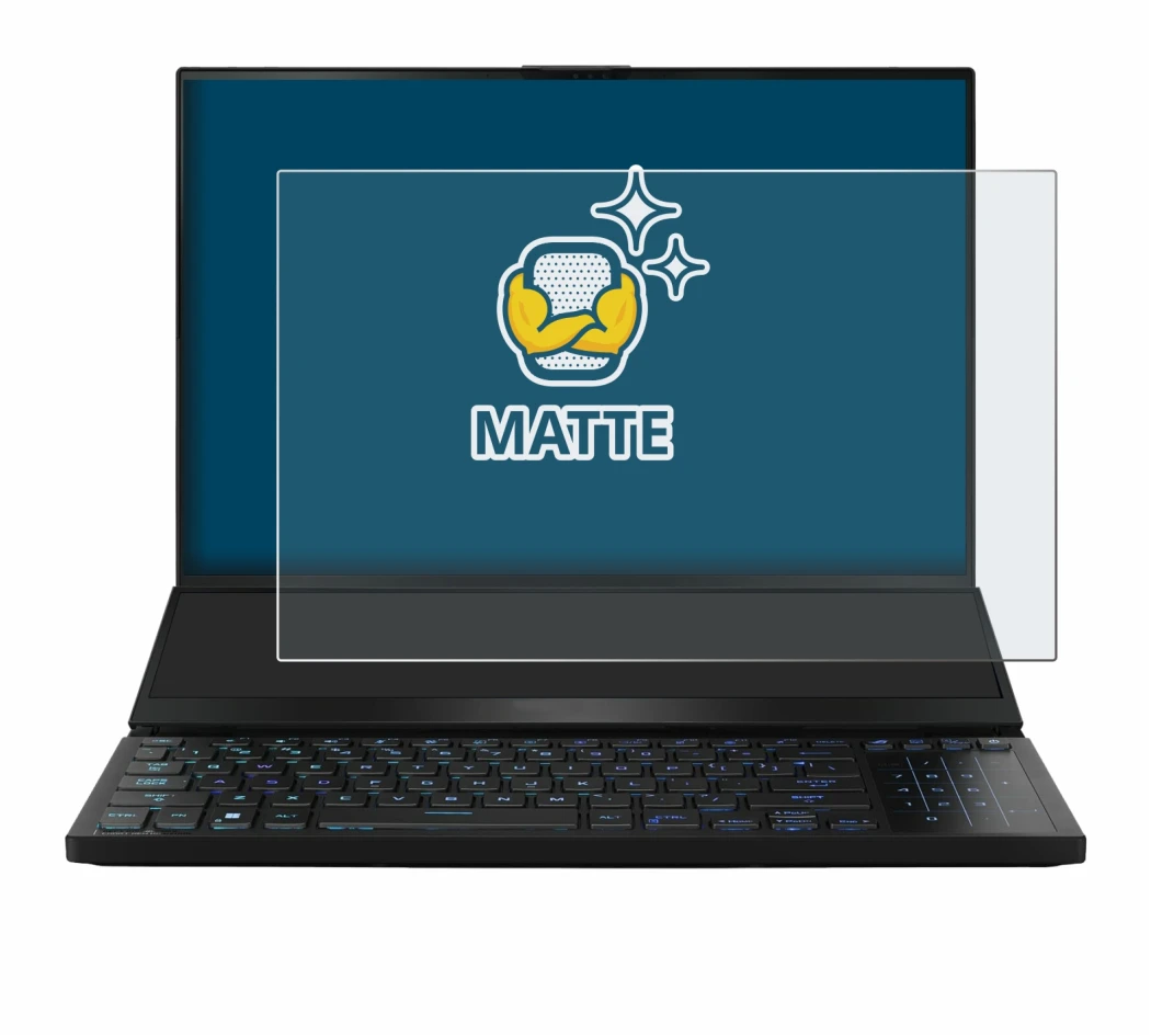 Immagine del dispositivo ASUS ROG Zephyrus Duo 16 2023 con un'ampia varietà di protezioni per lo schermo.