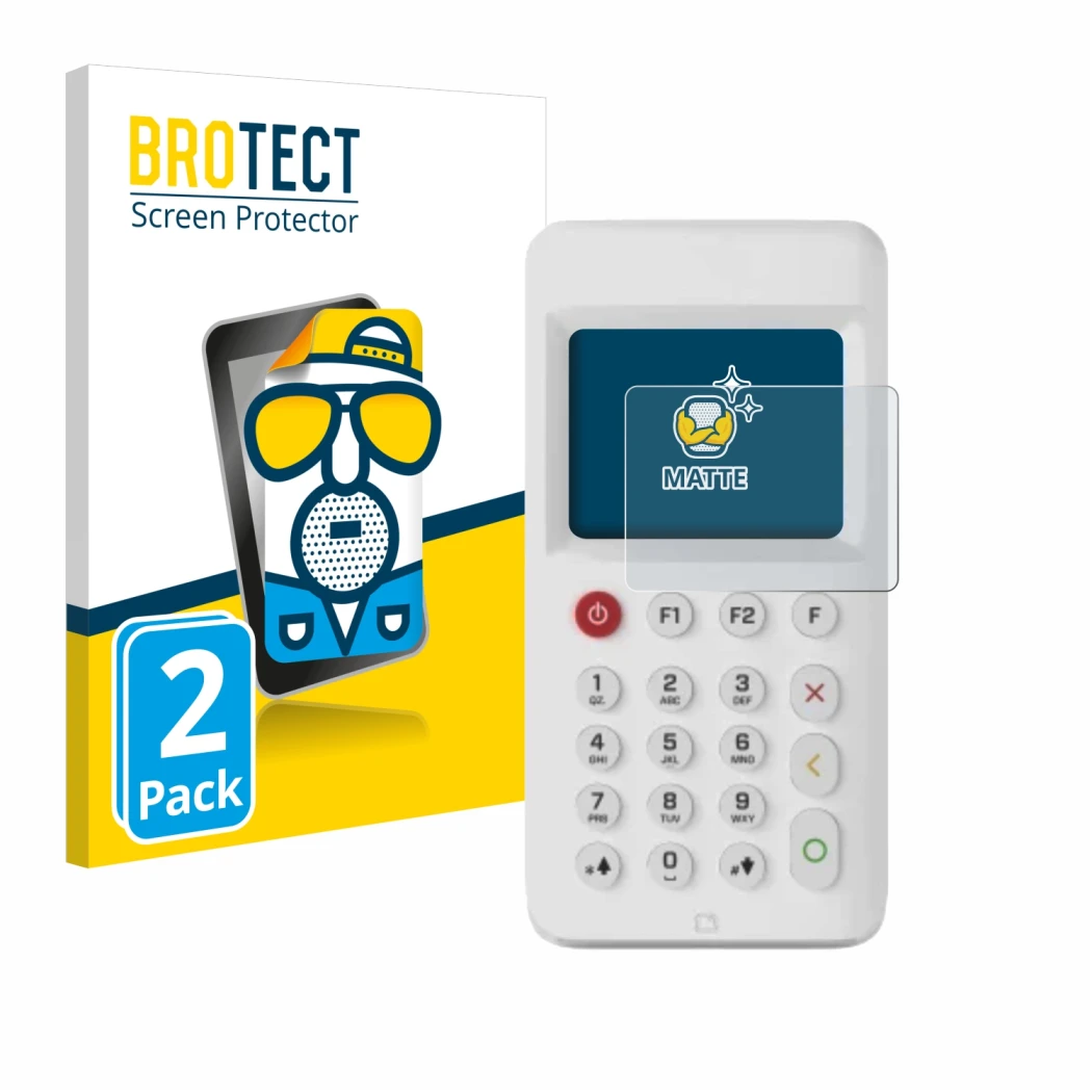 Parte frontale di una confezione del prodotto con il logo del marchio BROTECT. Accanto è raffigurato il dispositivo myPOS Go 2