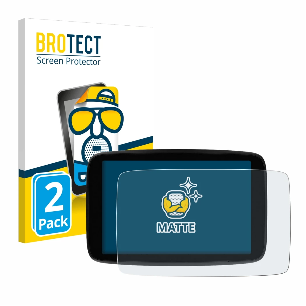 Parte frontale di una confezione del prodotto con il logo del marchio BROTECT. Accanto è raffigurato il dispositivo TomTom GO 