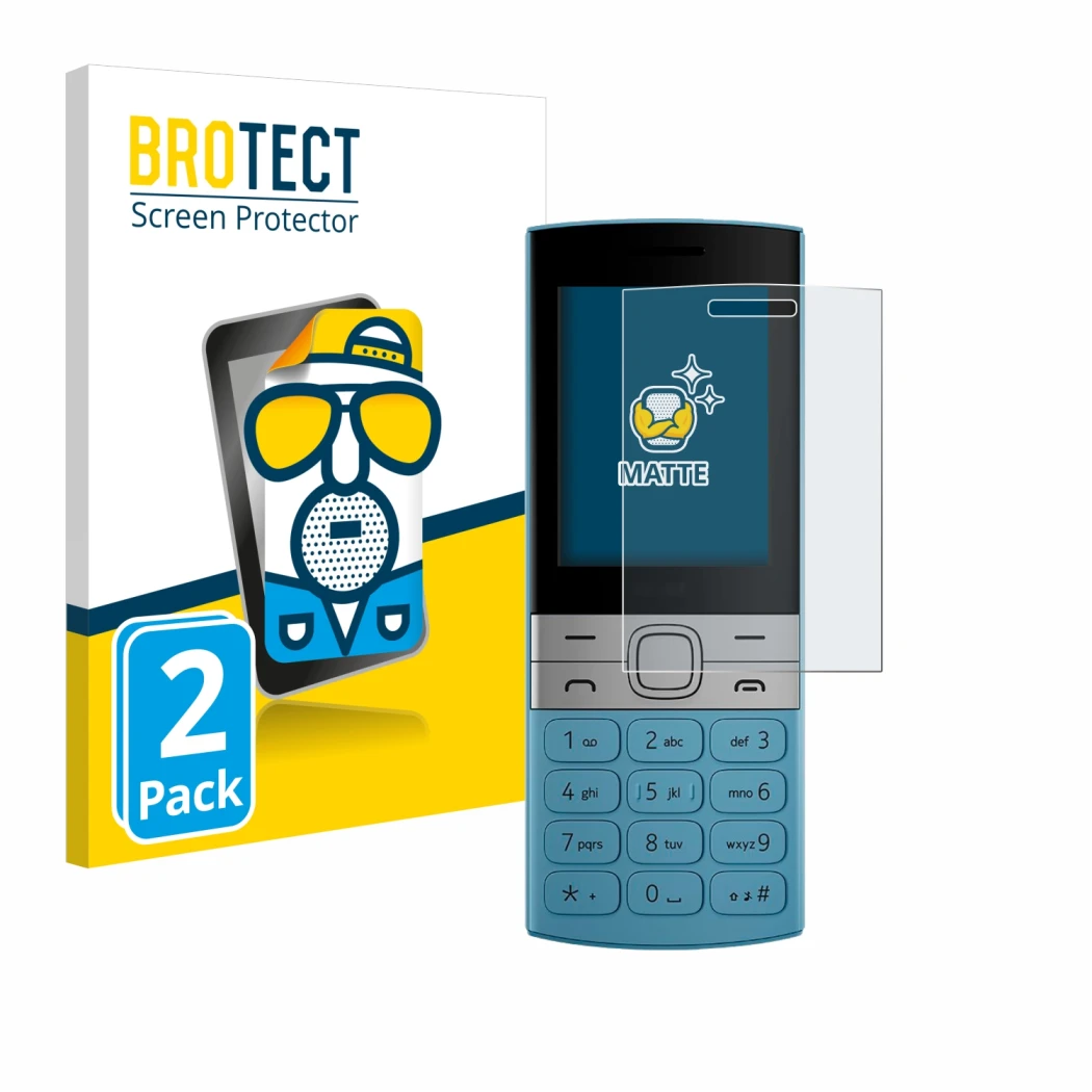 Parte frontale di una confezione del prodotto con il logo del marchio BROTECT. Accanto è raffigurato il dispositivo Nokia 150 