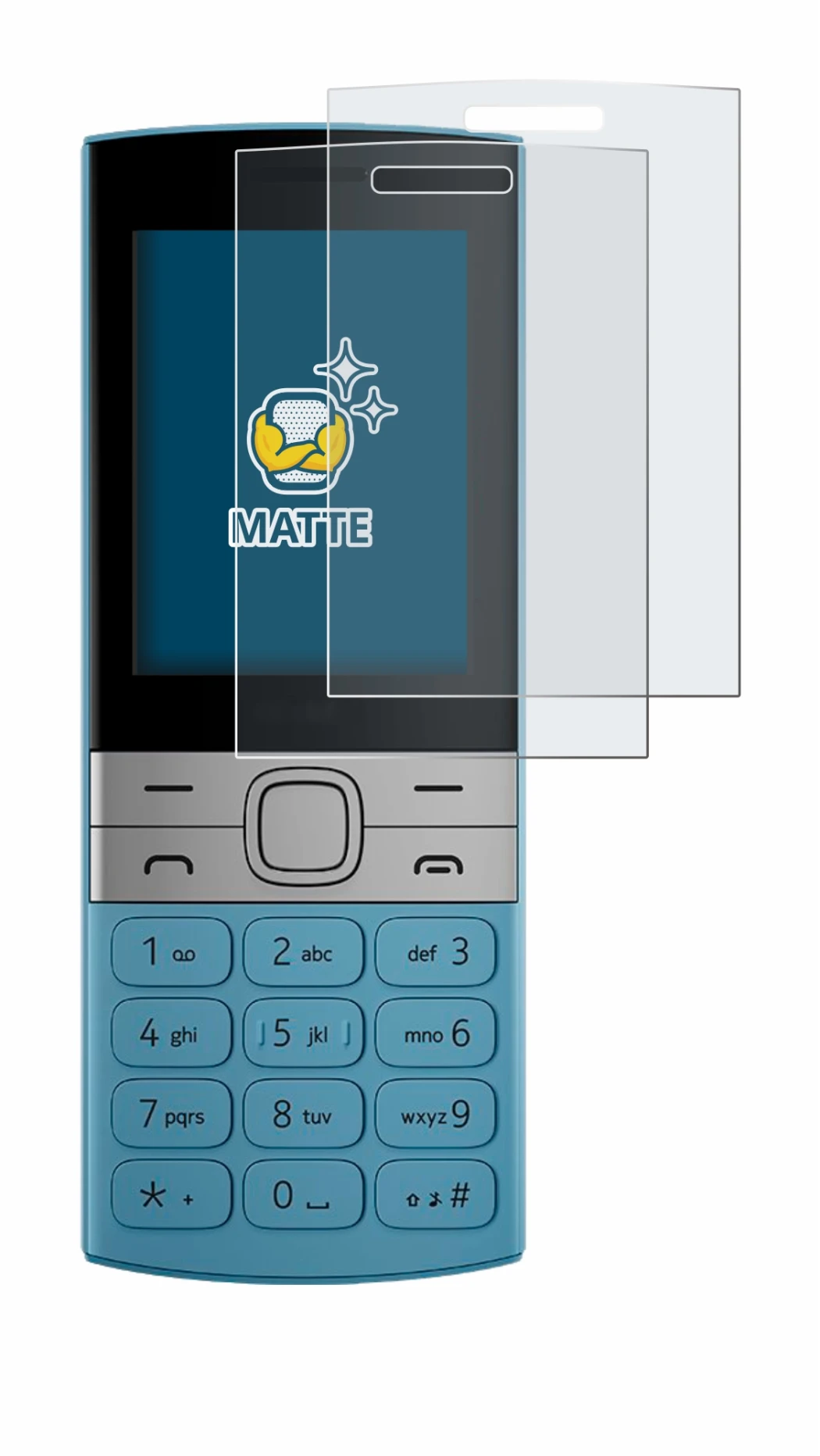 Immagine del dispositivo Nokia 150 (2023) con un'ampia varietà di protezioni per lo schermo.