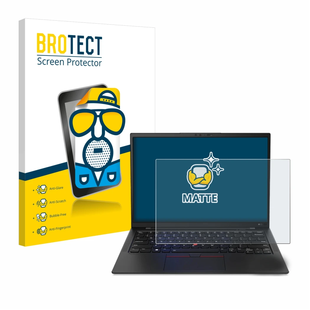 Parte frontale di una confezione del prodotto con il logo del marchio BROTECT. Accanto è raffigurato il dispositivo Lenovo Thi