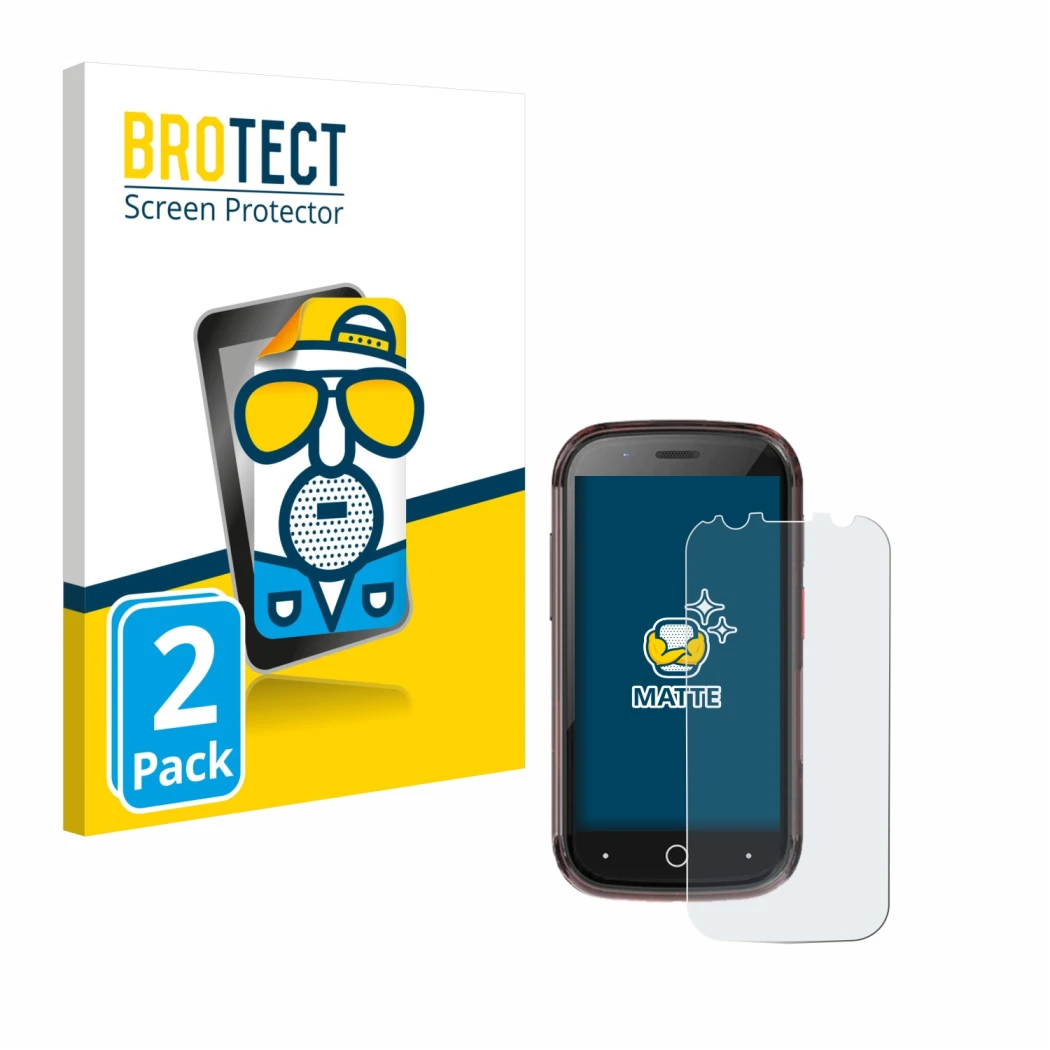 Parte frontale di una confezione del prodotto con il logo del marchio BROTECT. Accanto è raffigurato il dispositivo Unihertz J