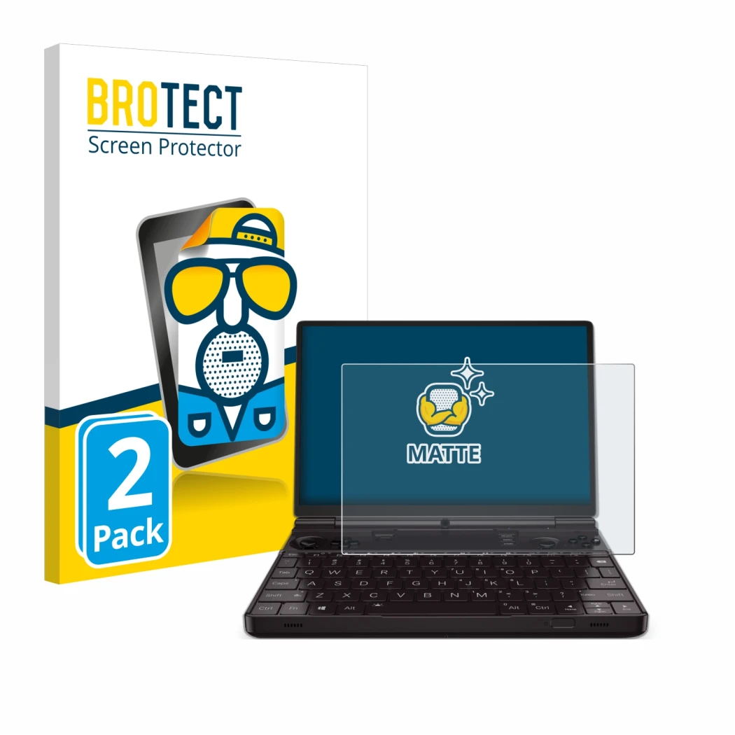 Parte frontale di una confezione del prodotto con il logo del marchio BROTECT. Accanto è raffigurato il dispositivo GPD Win Ma