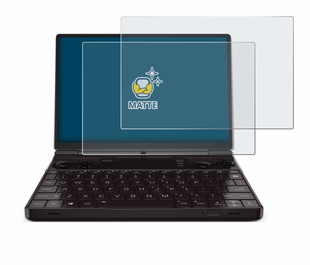 Immagine del dispositivo GPD Win Max 2 2023 con un'ampia varietà di protezioni per lo schermo.