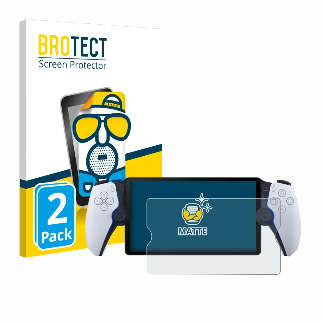 Parte frontale di una confezione del prodotto con il logo del marchio BROTECT. Accanto è raffigurato il dispositivo Sony Plays