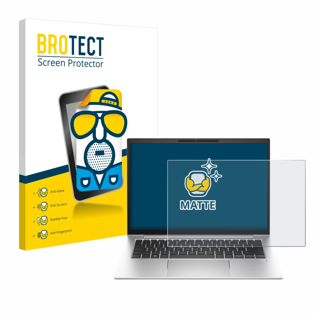 Parte frontale di una confezione del prodotto con il logo del marchio BROTECT. Accanto è raffigurato il dispositivo HP EliteBo