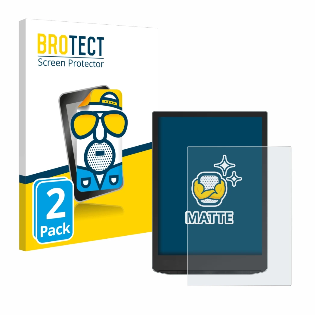 Parte frontale di una confezione del prodotto con il logo del marchio BROTECT. Accanto è raffigurato il dispositivo PocketBook