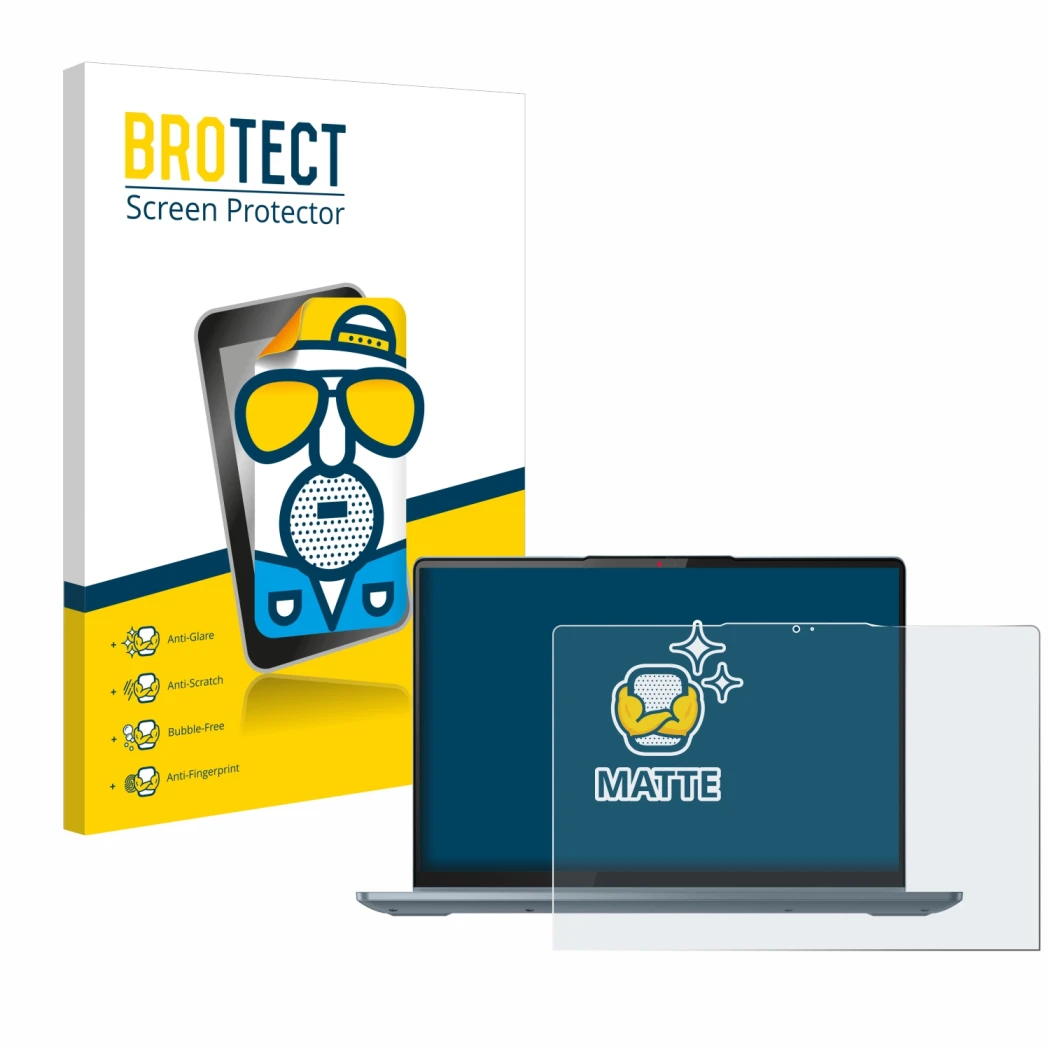 Parte frontale di una confezione del prodotto con il logo del marchio BROTECT. Accanto è raffigurato il dispositivo Lenovo Ide