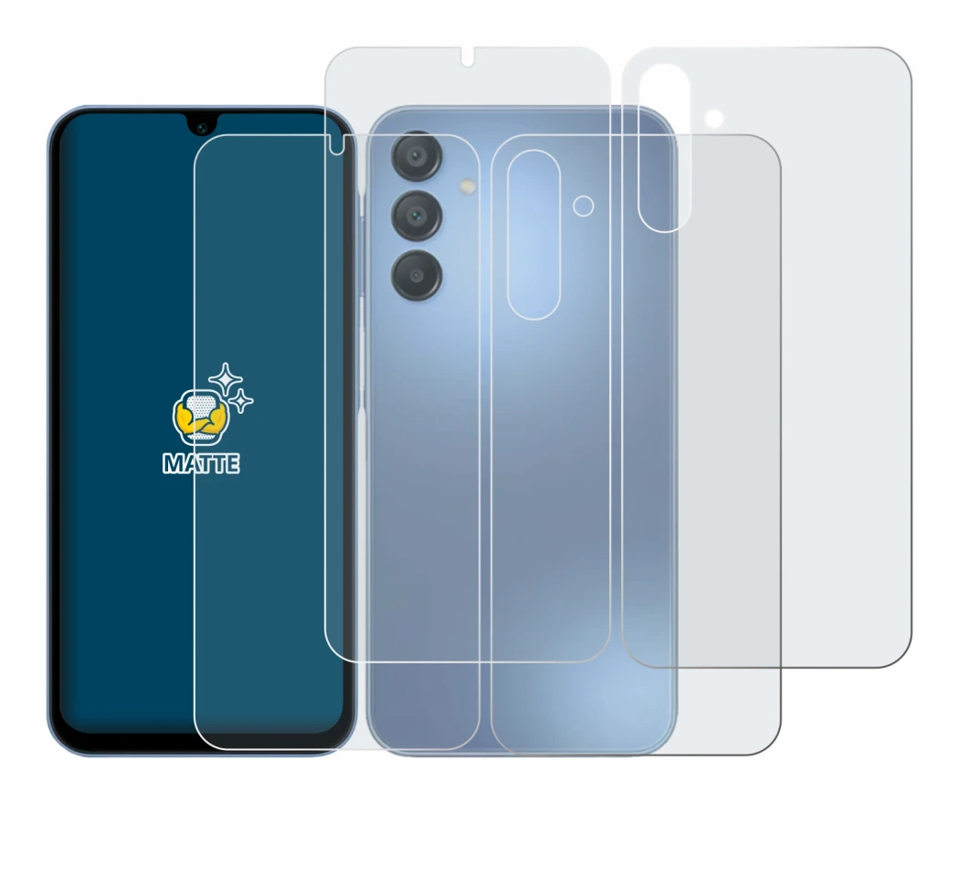 Immagine del dispositivo Samsung Galaxy A15 (Fronte+Retro) con un'ampia varietà di protezioni per lo schermo.