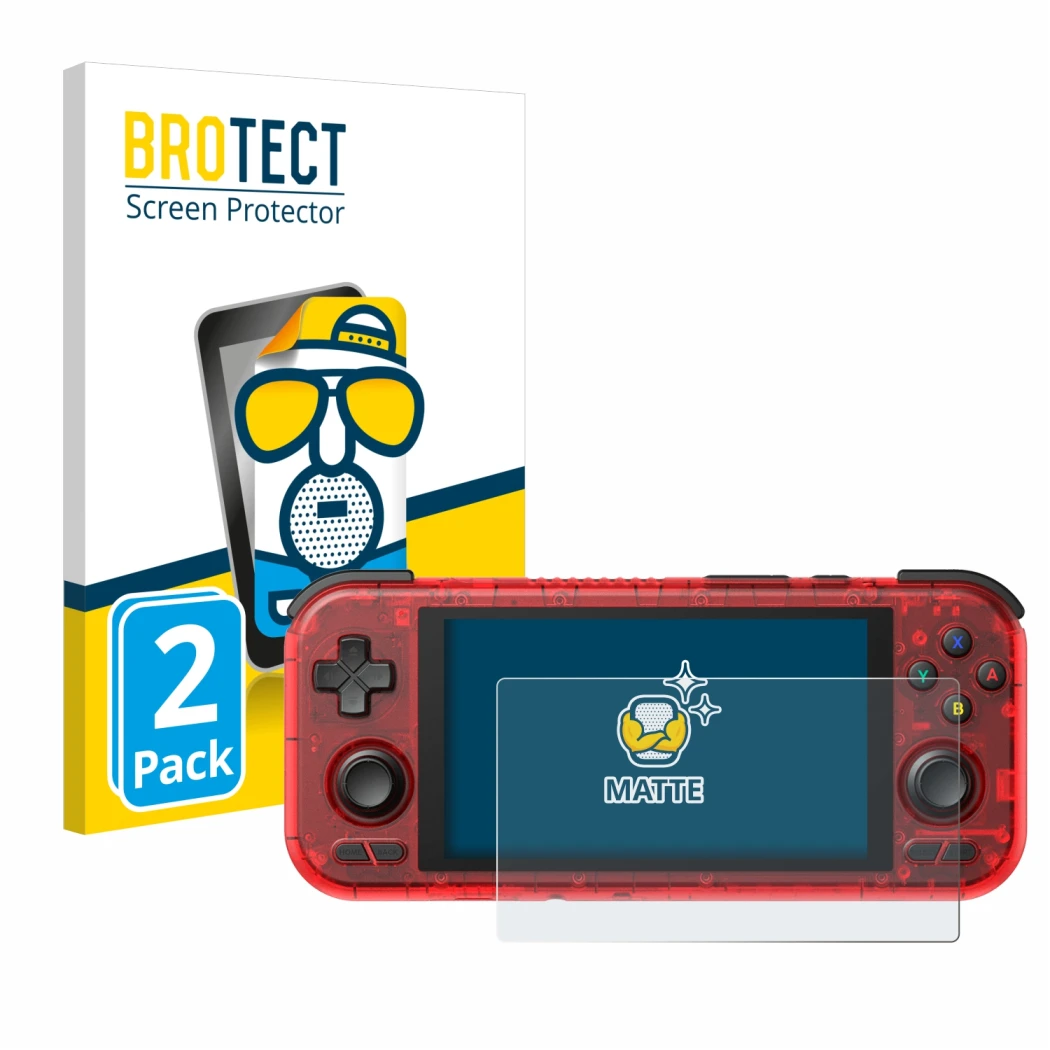 Parte frontale di una confezione del prodotto con il logo del marchio BROTECT. Accanto è raffigurato il dispositivo Retroid Po