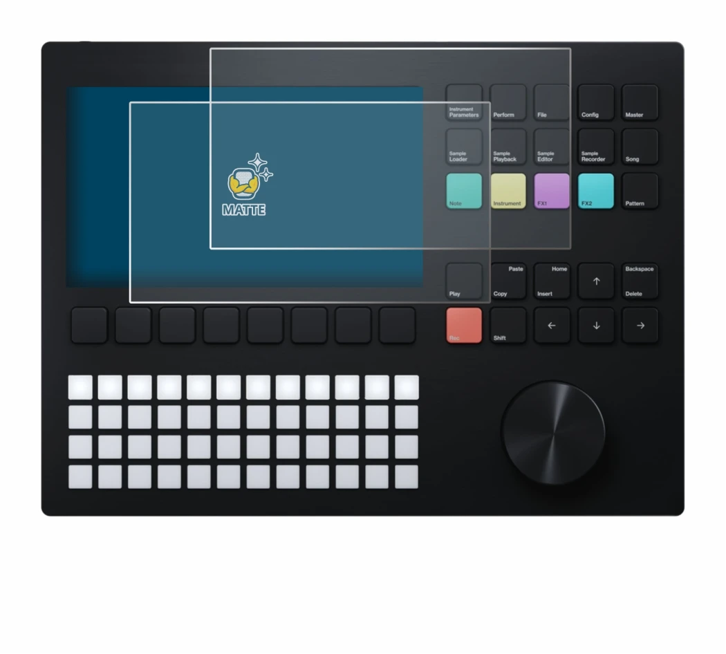Immagine del dispositivo Polyend Tracker con un'ampia varietà di protezioni per lo schermo.