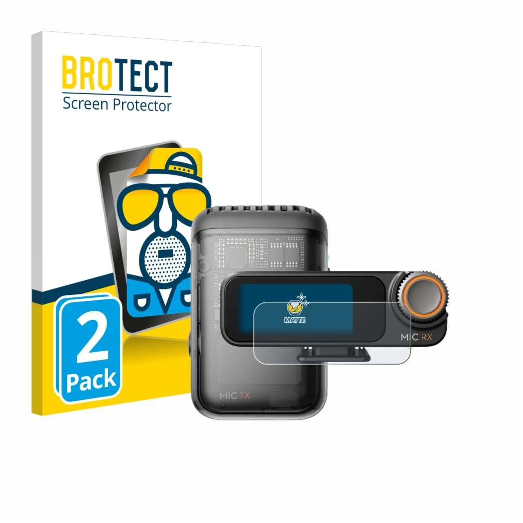 Parte frontale di una confezione del prodotto con il logo del marchio BROTECT. Accanto è raffigurato il dispositivo DJI Mic 2