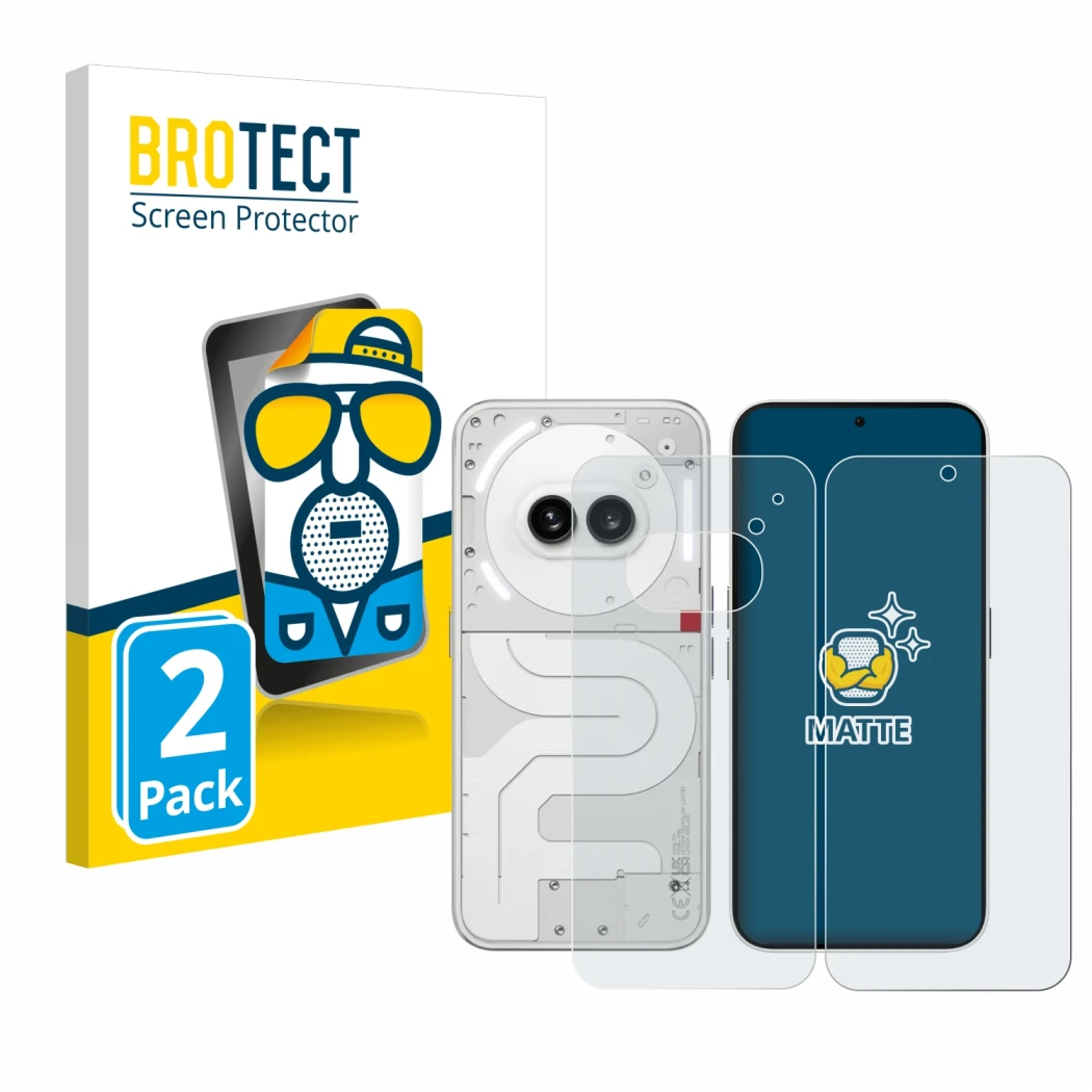 Parte frontale di una confezione del prodotto con il logo del marchio BROTECT. Accanto è raffigurato il dispositivo Nothing Ph