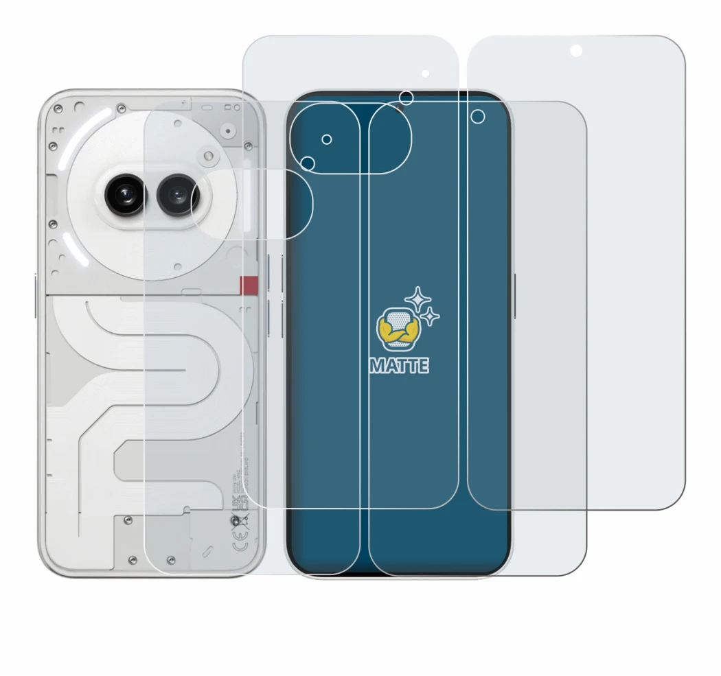 Immagine del dispositivo Nothing Phone (2a) (Fronte+Retro) con un'ampia varietà di protezioni per lo schermo.