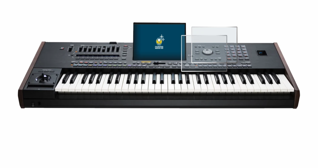 Immagine del dispositivo KORG Pa5X con un'ampia varietà di protezioni per lo schermo.