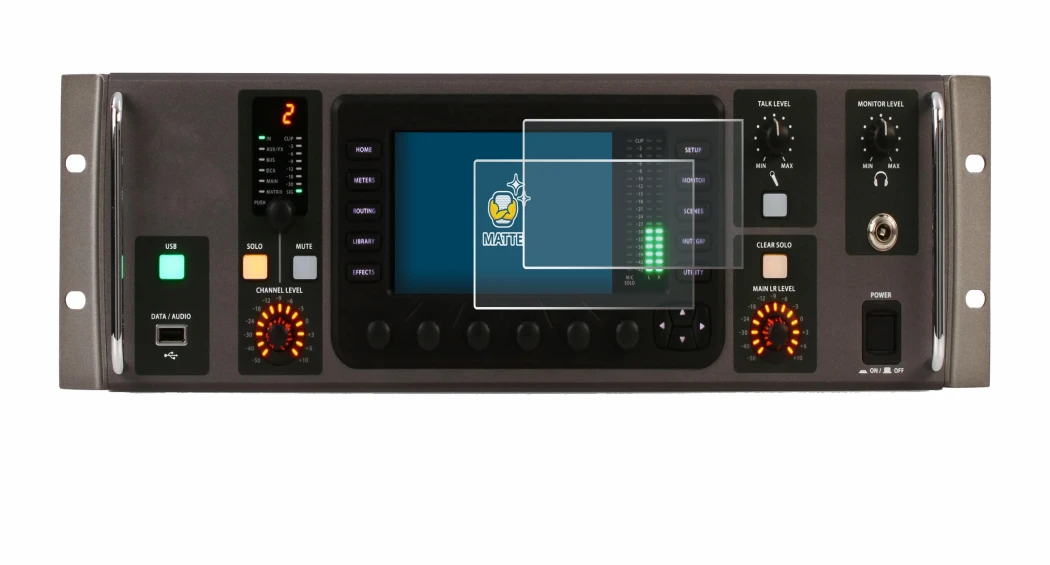 Immagine del dispositivo Behringer X32 Rack con un'ampia varietà di protezioni per lo schermo.
