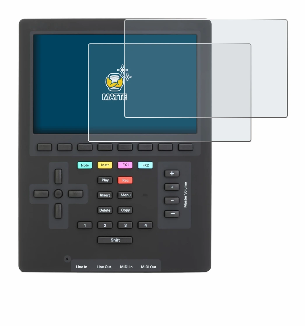 Immagine del dispositivo Polyend Tracker Mini con un'ampia varietà di protezioni per lo schermo.