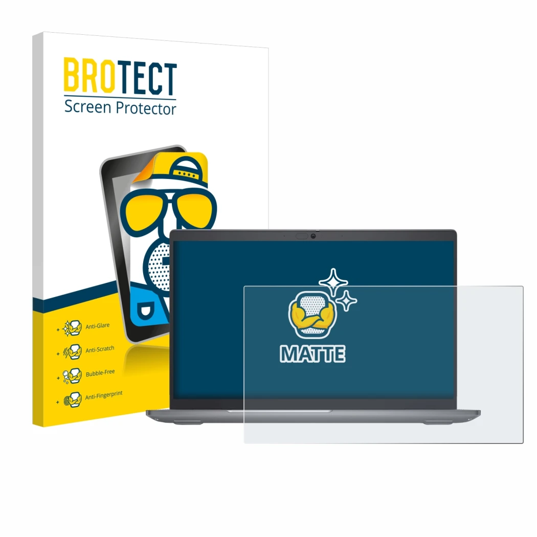 Parte frontale di una confezione del prodotto con il logo del marchio BROTECT. Accanto è raffigurato il dispositivo Dell Latit