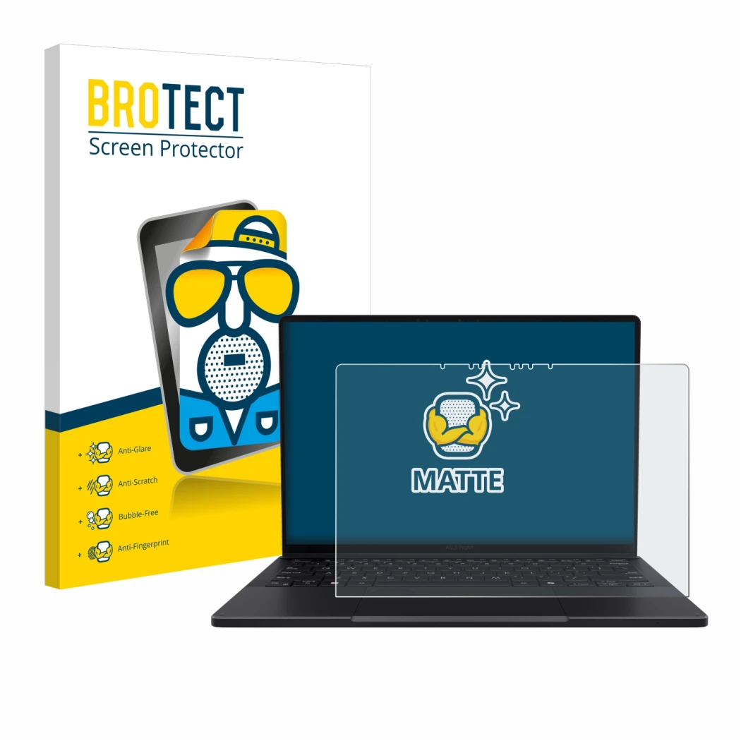 Parte frontale di una confezione del prodotto con il logo del marchio BROTECT. Accanto è raffigurato il dispositivo ASUS ProAr