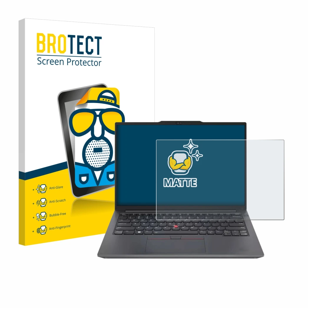Parte frontale di una confezione del prodotto con il logo del marchio BROTECT. Accanto è raffigurato il dispositivo Lenovo Thi