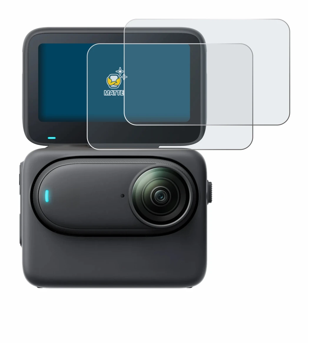 Immagine del dispositivo Insta360 Go 3S con un'ampia varietà di protezioni per lo schermo.