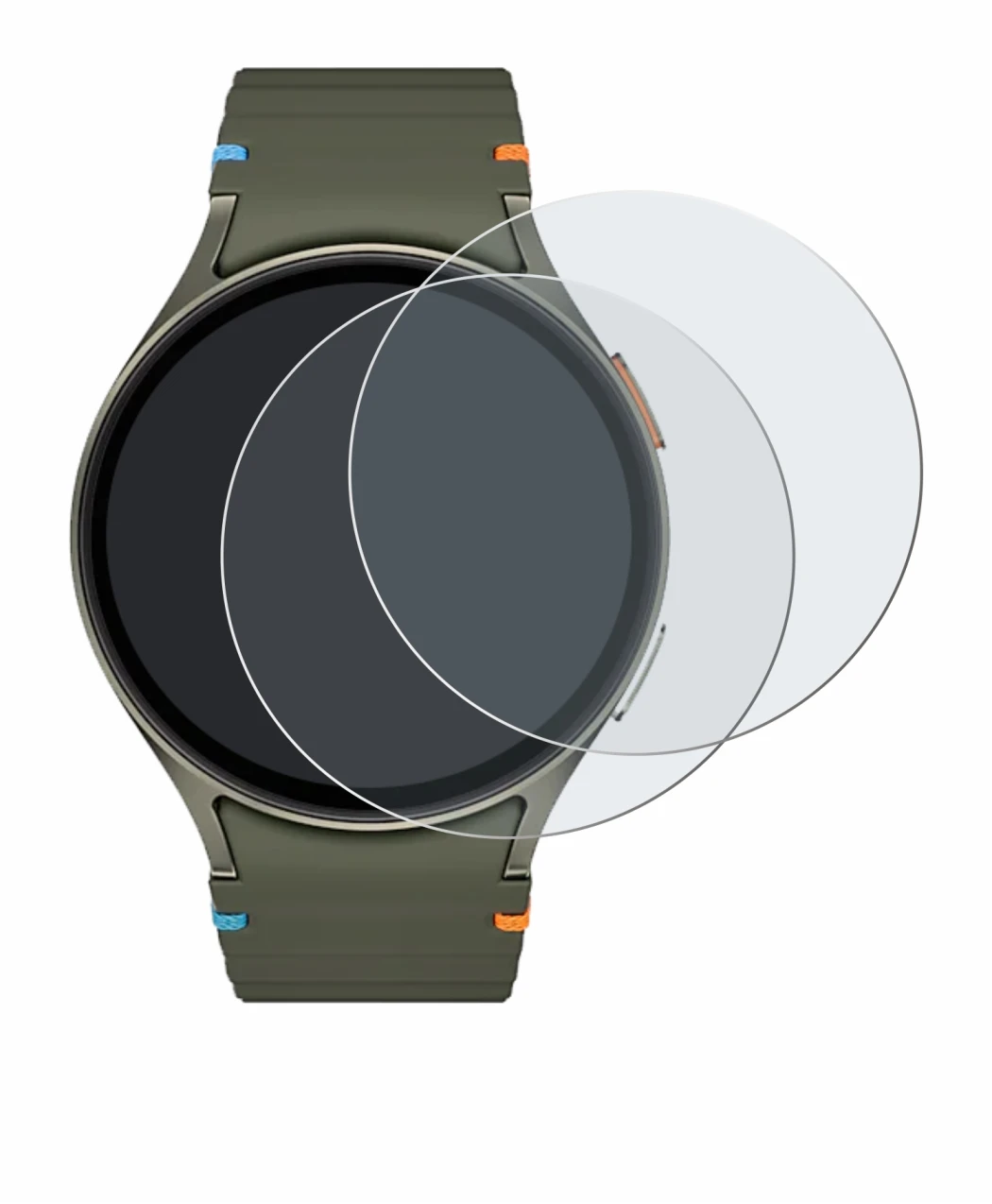 Immagine del dispositivo Samsung Galaxy Watch 7 (44 mm) con un'ampia varietà di protezioni per lo schermo.