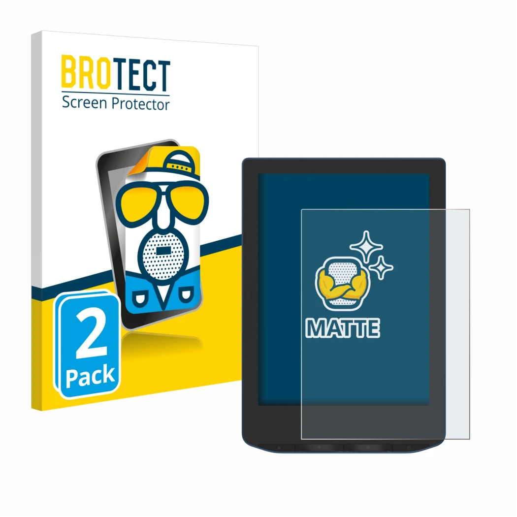 Parte frontale di una confezione del prodotto con il logo del marchio BROTECT. Accanto è raffigurato il dispositivo PocketBook