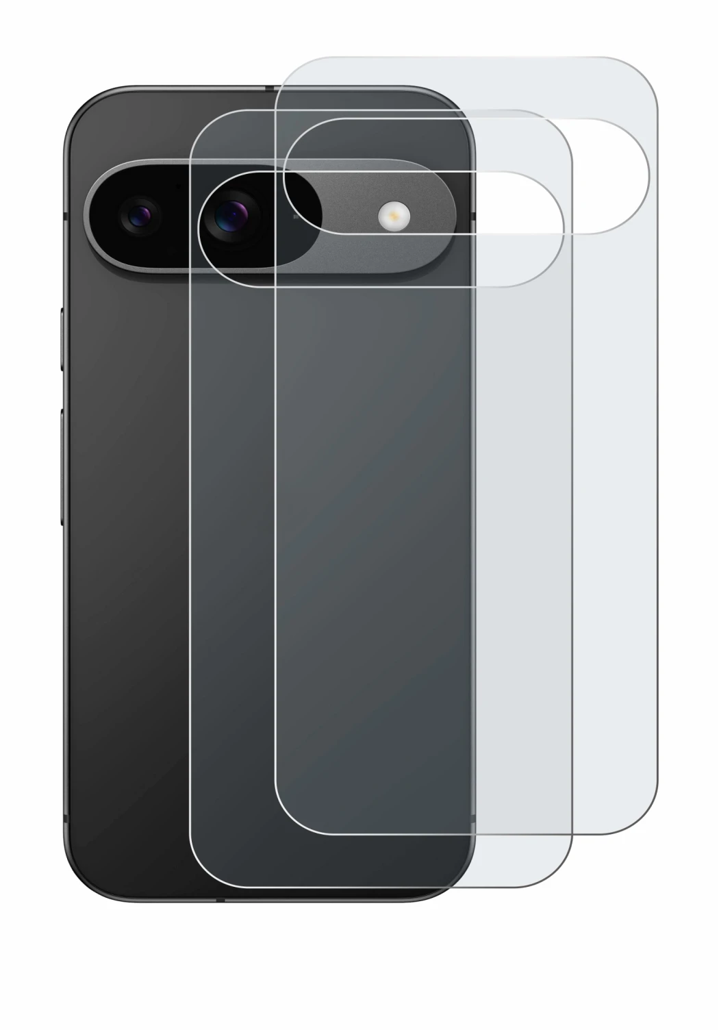 Immagine del dispositivo Google Pixel 9 (Posteriore) con un'ampia varietà di protezioni per lo schermo.