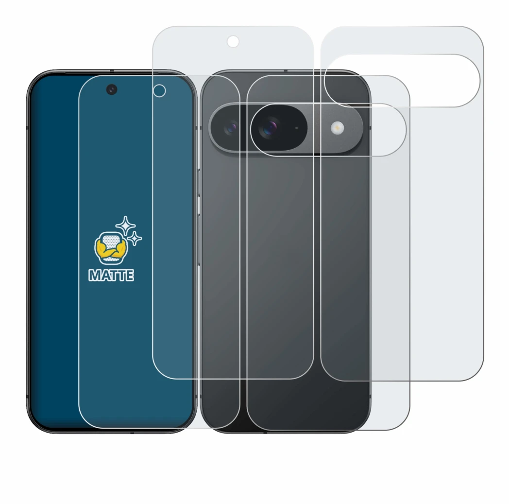 Immagine del dispositivo Google Pixel 9 (Fronte+Retro) con un'ampia varietà di protezioni per lo schermo.