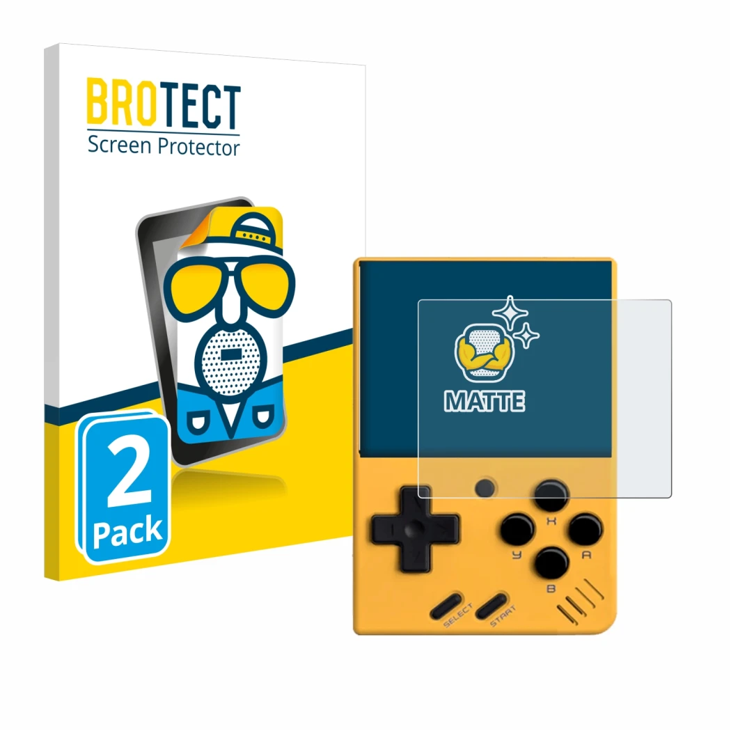 Parte frontale di una confezione del prodotto con il logo del marchio BROTECT. Accanto è raffigurato il dispositivo Miyoo Mini