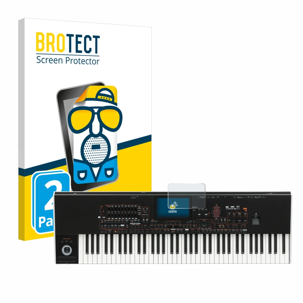 Parte frontale di una confezione del prodotto con il logo del marchio BROTECT. Accanto è raffigurato il dispositivo KORG Pa4x