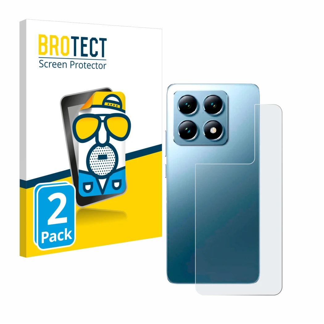 Parte frontale di una confezione del prodotto con il logo del marchio BROTECT. Accanto è raffigurato il dispositivo Xiaomi 14T