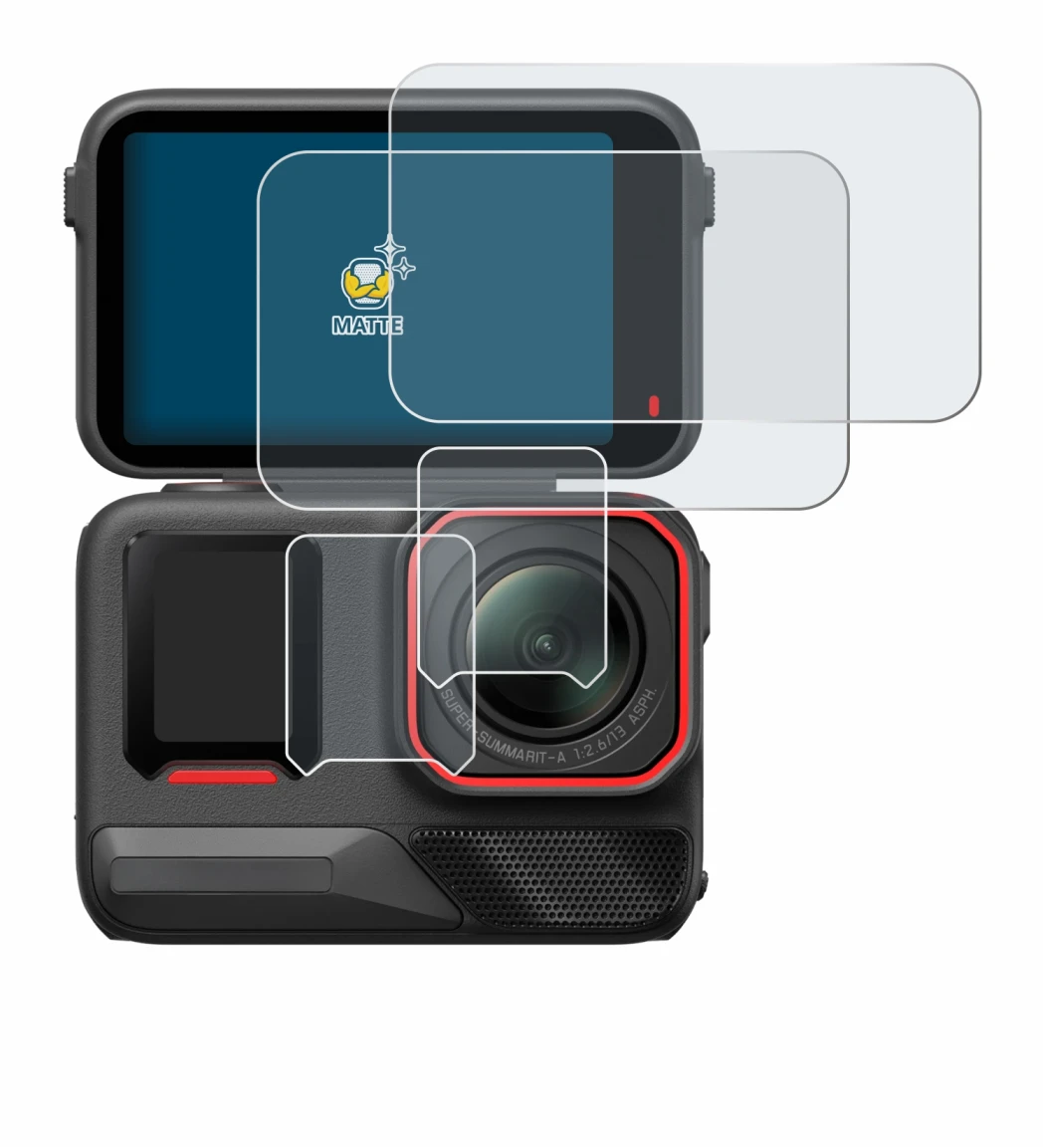 Immagine del dispositivo Insta360 Ace Pro 2 con un'ampia varietà di protezioni per lo schermo.