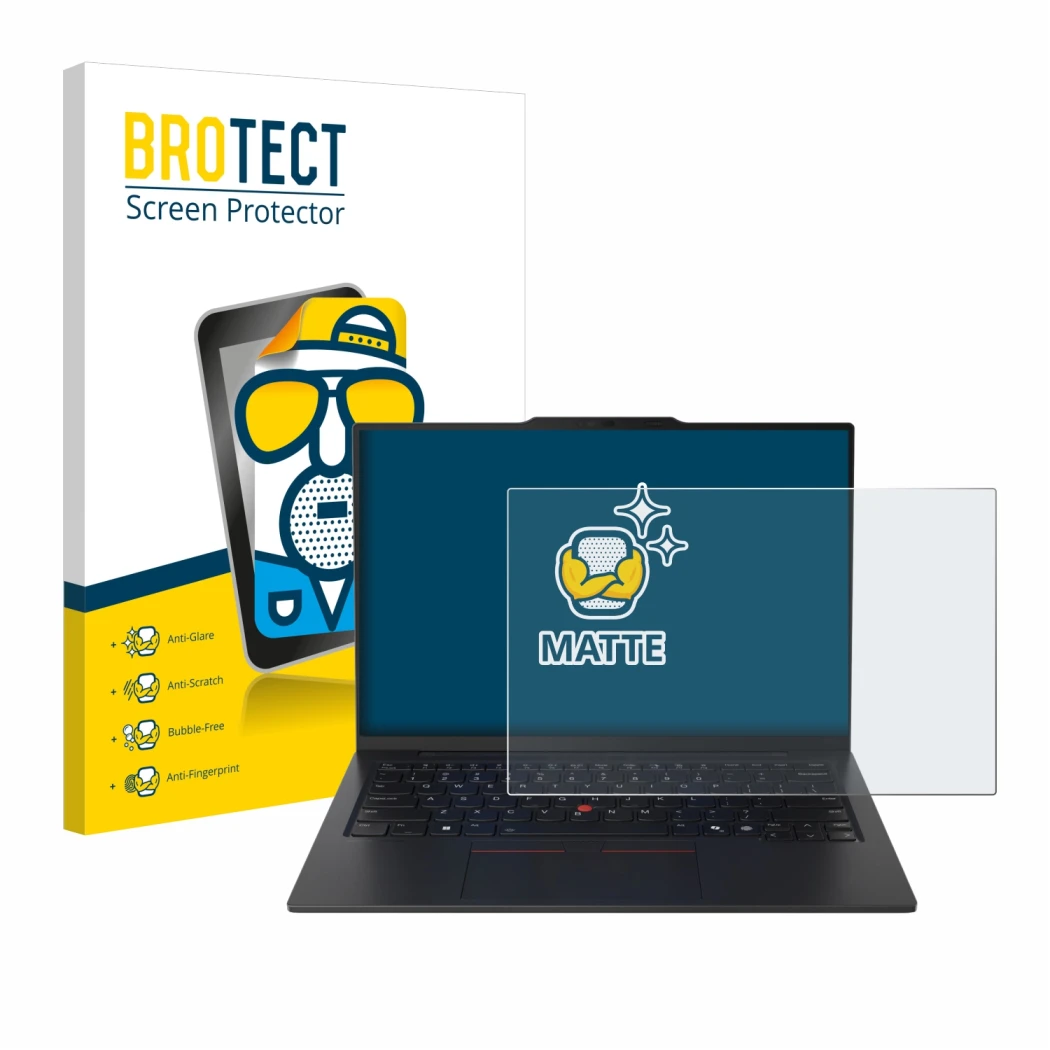 Parte frontale di una confezione del prodotto con il logo del marchio BROTECT. Accanto è raffigurato il dispositivo Lenovo Thi