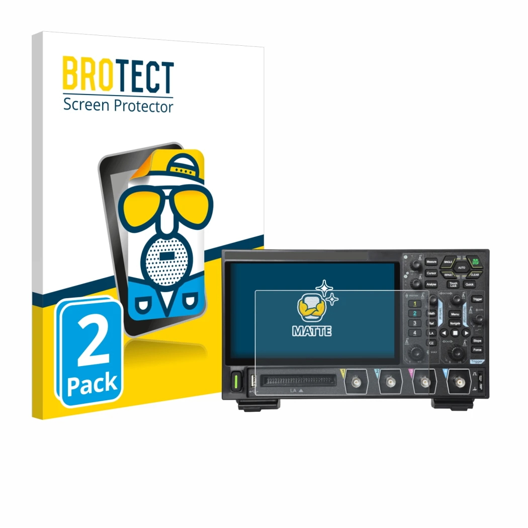 Parte frontale di una confezione del prodotto con il logo del marchio BROTECT. Accanto è raffigurato il dispositivo Rigol DHO9