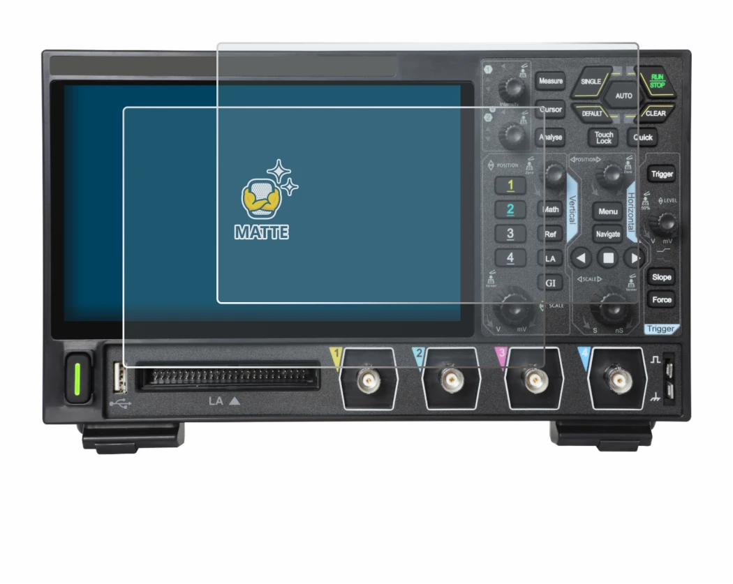 Immagine del dispositivo Rigol DHO914 con un'ampia varietà di protezioni per lo schermo.
