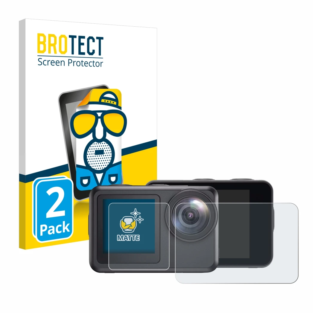 Parte frontale di una confezione del prodotto con il logo del marchio BROTECT. Accanto è raffigurato il dispositivo Akaso Brav