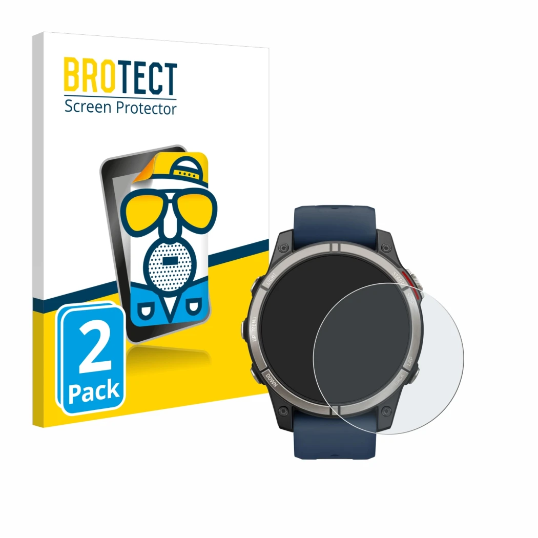 Parte frontale di una confezione del prodotto con il logo del marchio BROTECT. Accanto è raffigurato il dispositivo Garmin qua