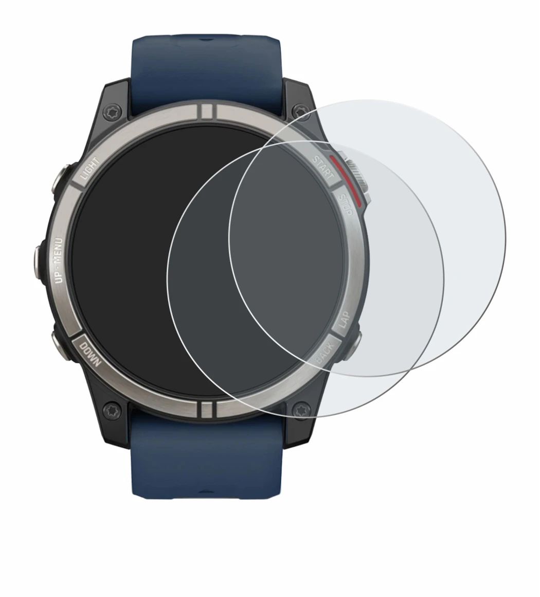 Immagine del dispositivo Garmin quatix 7 Pro con un'ampia varietà di protezioni per lo schermo.