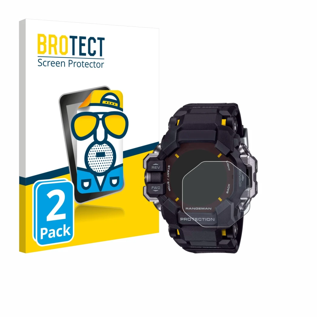 Parte frontale di una confezione del prodotto con il logo del marchio BROTECT. Accanto è raffigurato il dispositivo Casio G-Sh