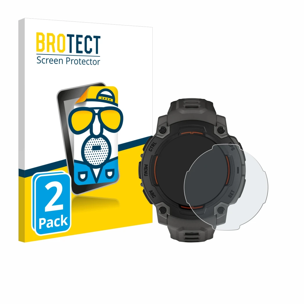 Parte frontale di una confezione del prodotto con il logo del marchio BROTECT. Accanto è raffigurato il dispositivo Garmin Ins