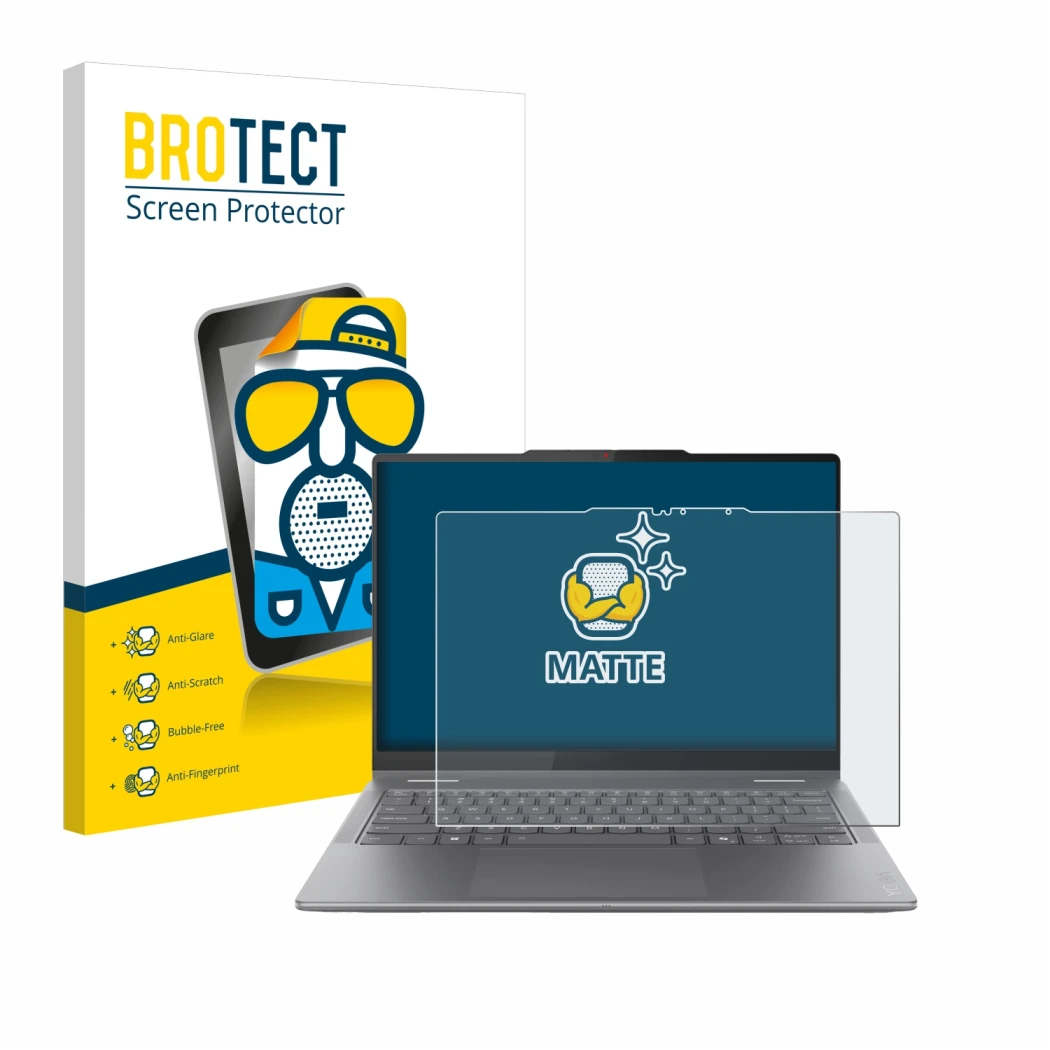 Parte frontale di una confezione del prodotto con il logo del marchio BROTECT. Accanto è raffigurato il dispositivo Lenovo Yog