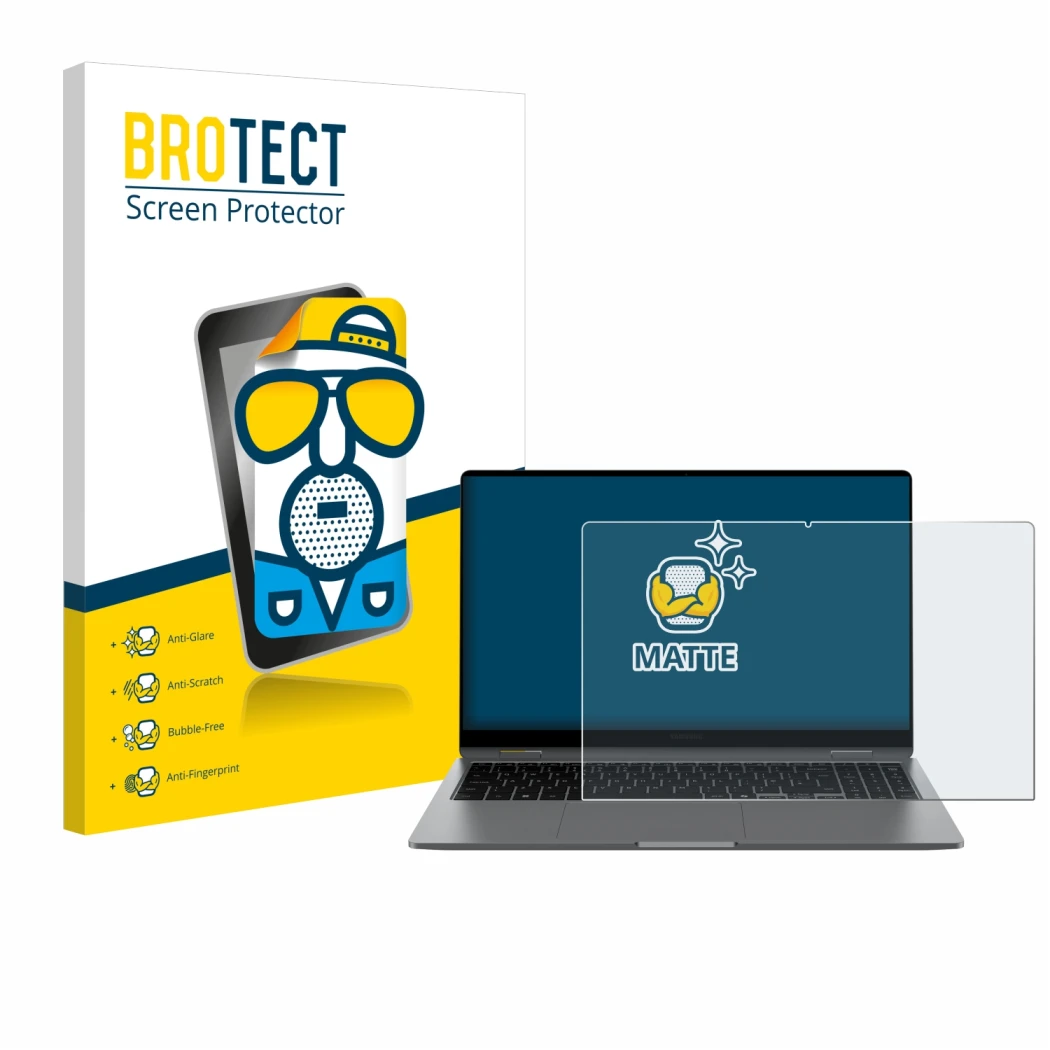 Parte frontale di una confezione del prodotto con il logo del marchio BROTECT. Accanto è raffigurato il dispositivo Samsung Ga