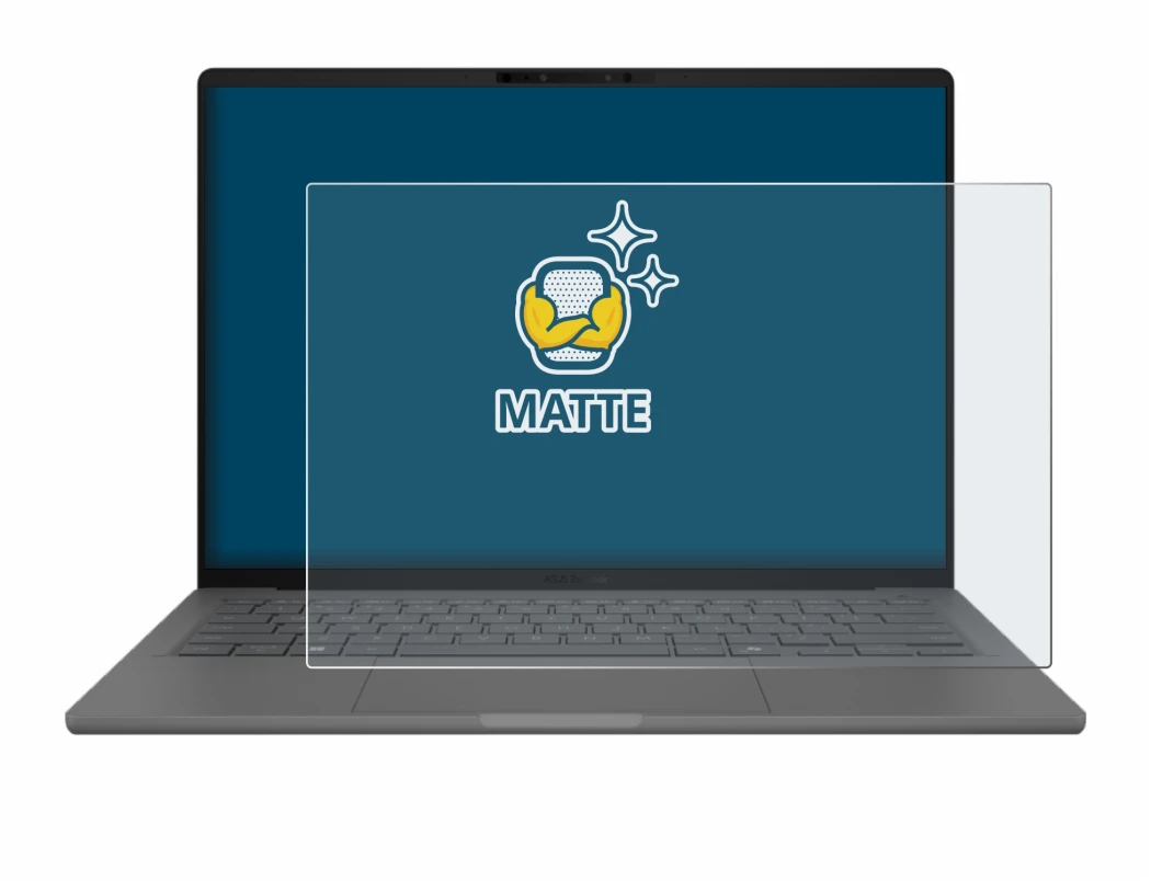 Immagine del dispositivo ASUS ZenBook A14 UX3407 con un'ampia varietà di protezioni per lo schermo.