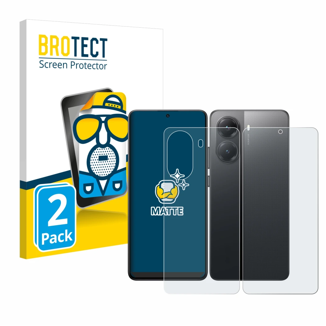 Parte frontale di una confezione del prodotto con il logo del marchio BROTECT. Accanto è raffigurato il dispositivo Xiaomi Poc
