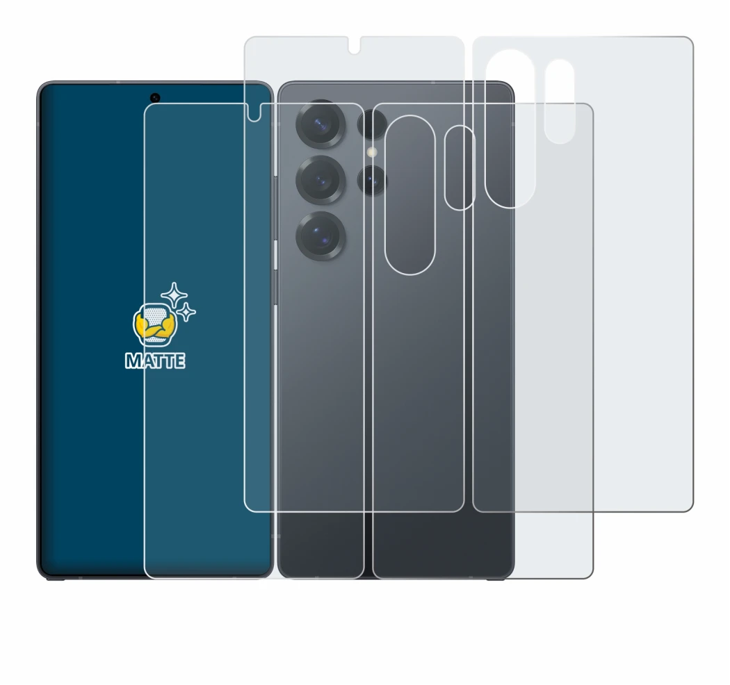 Immagine del dispositivo Samsung Galaxy S25 Ultra (Fronte+Retro) con un'ampia varietà di protezioni per lo schermo.