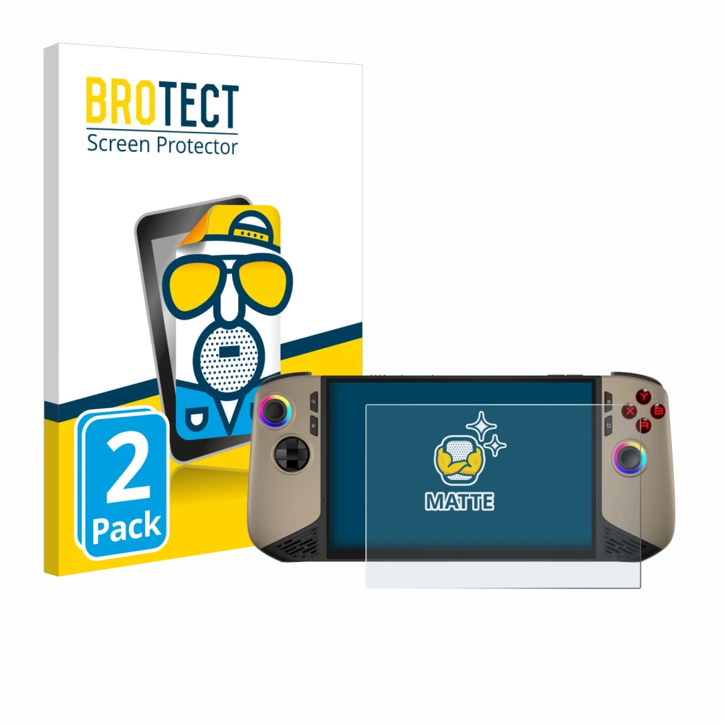 Parte frontale di una confezione del prodotto con il logo del marchio BROTECT. Accanto è raffigurato il dispositivo MSI Claw 8